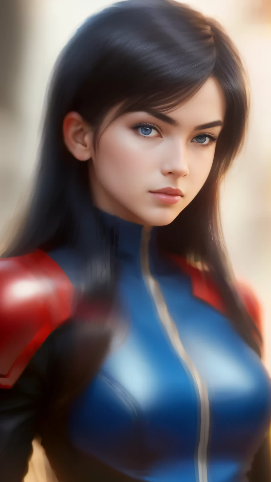 (best quality, 4k, highres, ultra-detailed, realistic:1.37), tatsunoko vs capcom - cyber style by tolken, 1girl, solo, breasts, long hair, blue eyes, bodysuit, looking at viewer