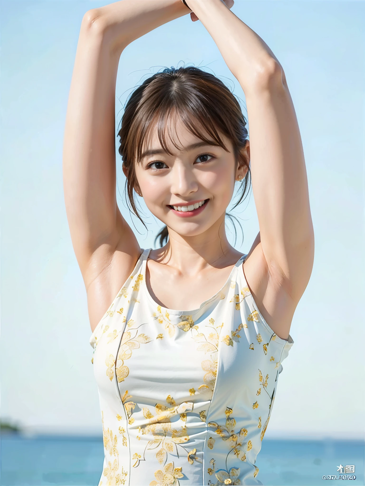 top-quality、in 8K、masterpiece、超A high resolution、(Photorealsitic:1.4)、Raw photo、((a girl solo:2.0))、Japanese ido、35 year old、Smiling happily、Professional Writing、sexy pose、((Show off your armpits:1.1))、((Armpit:1.4))、Sweaty body、White sleeveless