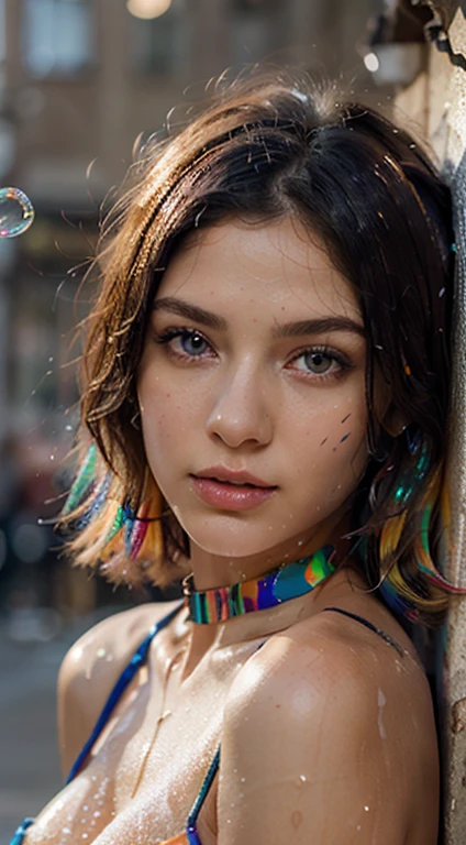 (((masterpiece))),(((best quality))),((ultra-detailed)),(illustration),(dynamic angle), ((floating)),(paint),((disheveled hair)), (solo),(1girl), ((small_breasts)), (((detailed anima face))),((beautiful detailed face)),collar,bare shoulders, white hair, ((colorful hair)),((streaked hair)), beautiful detailed eyes,(Gradient color eyes),(((colorful eyes))), (((colorful background))),(((high saturation))),(((surrounded by colorful splashes))),(((surrounded by colorful dot))),colorful bubble,((shining)) cooorful splash on her face