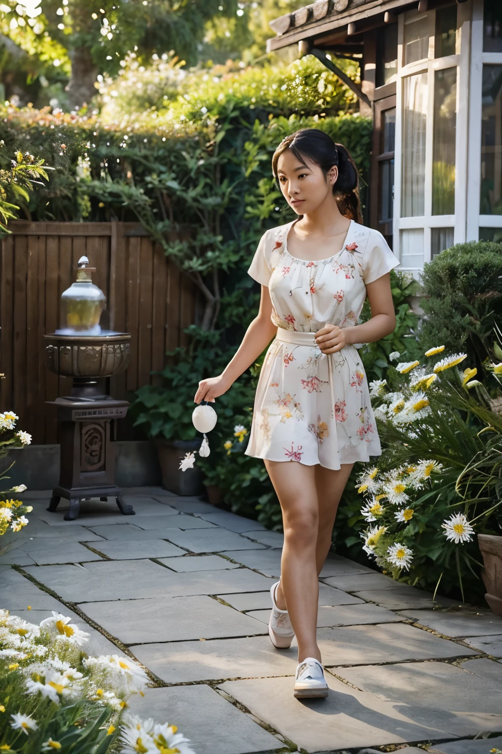 Photorealistic 16 year old asian girl skipping a rope in a garden, victorian house, detailed face, beautiful face, 40-year-old asian women at door of house holding a tray with a jug of lemonade and a glass, lychee tree in garden, evening time, fountain of water in garden, daisies blooming in garden