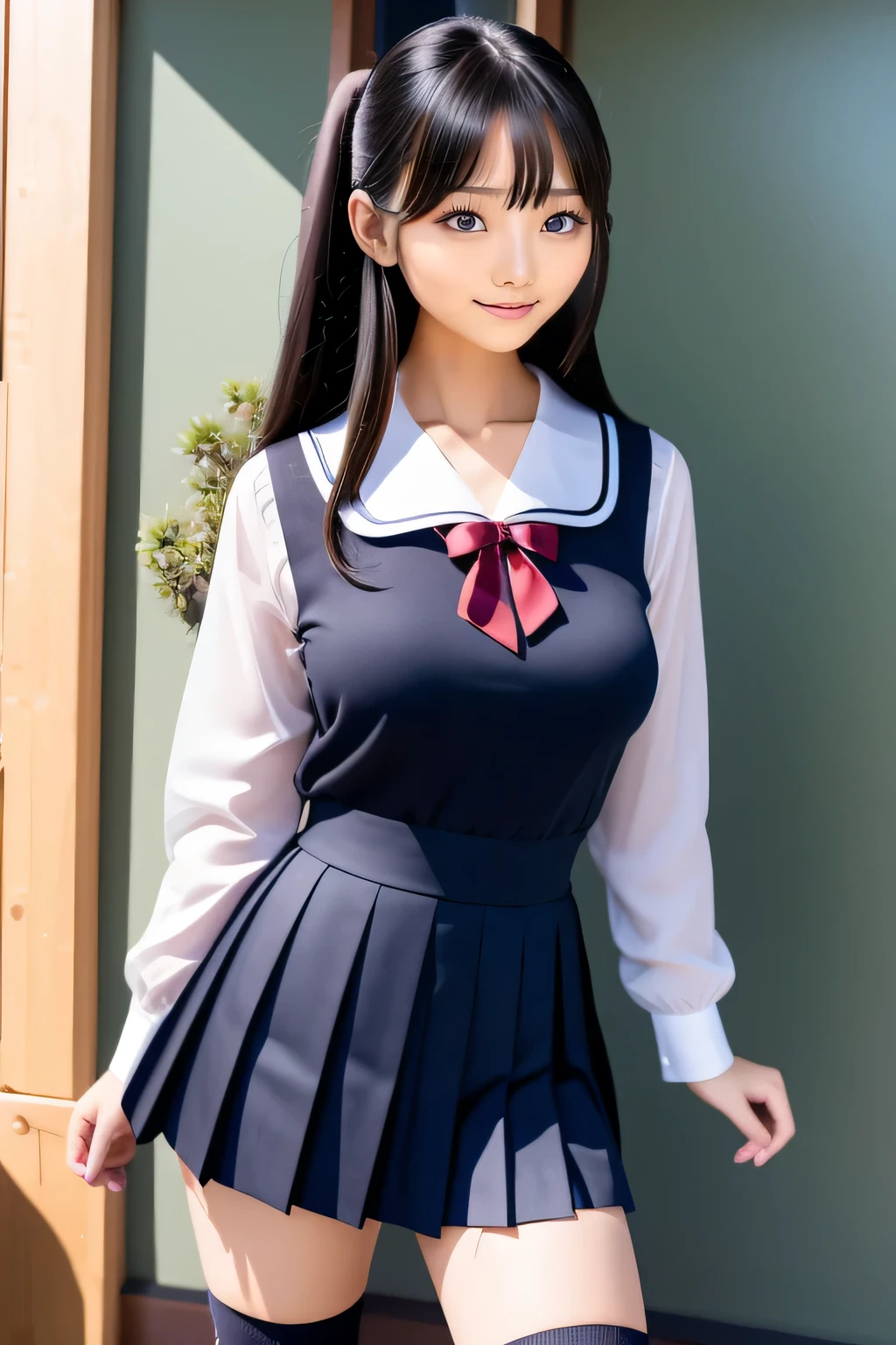 School uniform, Sailor Suit, serafuku, Dark blue pleated skirt,  knee high stockings,  Straight long black hair, bangss、s lips、without makeup、short eyelashes、watching at viewers、take the hem of the shirt out of the skirt, Dancing, A smile、Photorealsitic、high-level image quality、masutepiece, Best Quality, 8K, Beautie、Fine details