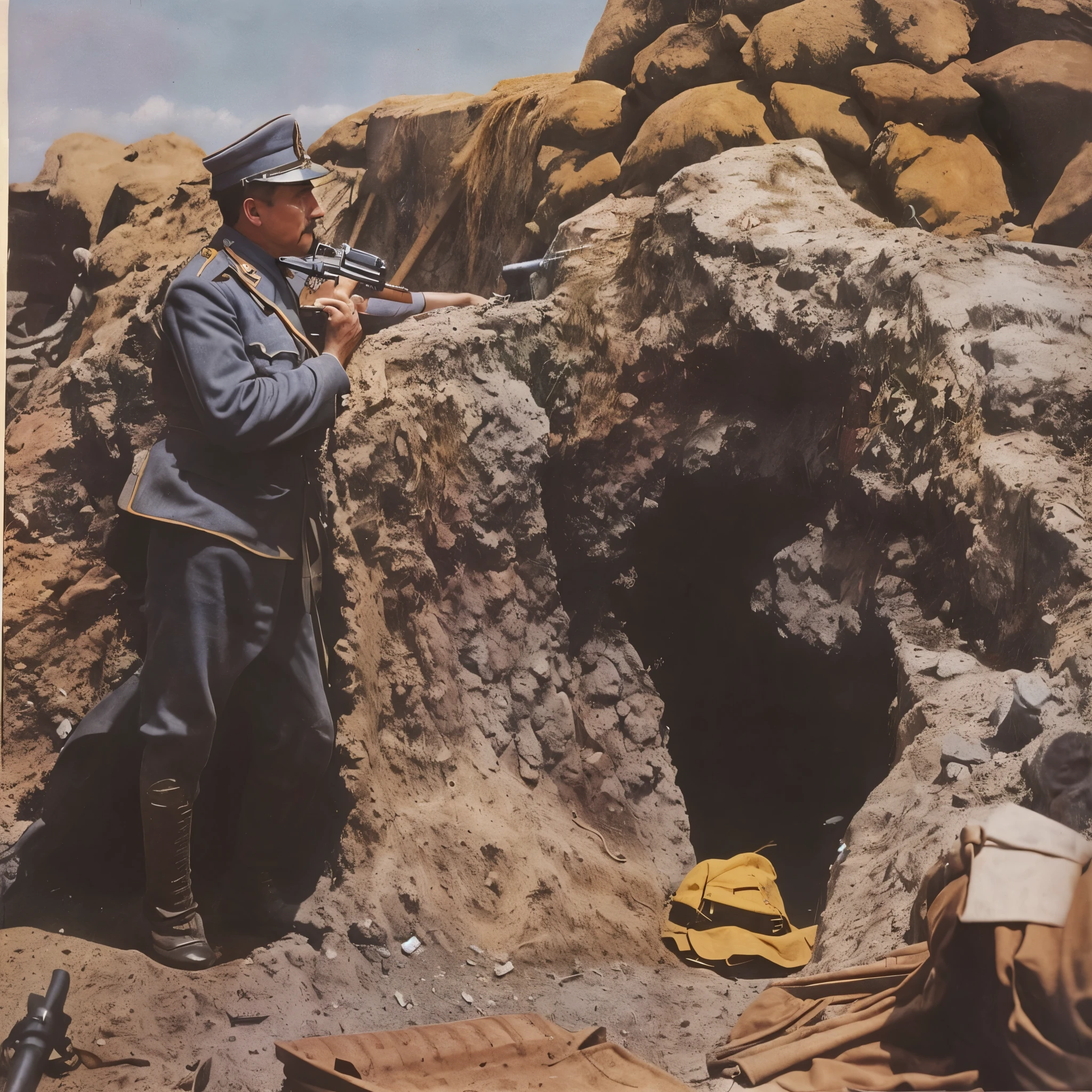 (Austro-Hungarian uniform:1.4) there is a man standing next to a rock with a gun, japan soldier in world war 2, trench sandbags in background, in trenches, ww1 trench, ww1 film photo, scene from supplizia, trenches bombs, ww 2 historical photography, ww2 historical photography, vereshchagin, russian ww 1, trenches, ww2 historical photo