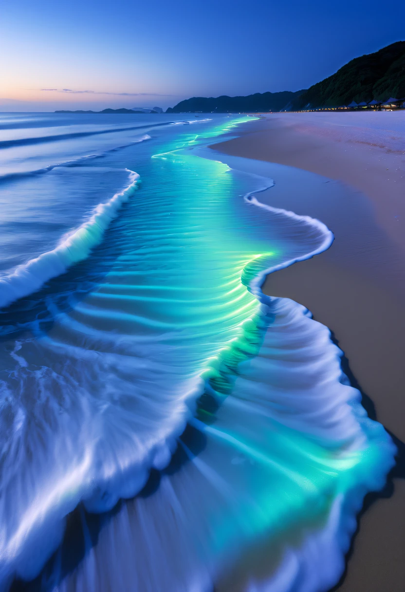 natta,There will be blue lights on the beach,surging in the waves、当海风吹过fluorescent beach很容易展开宏大的海景,Very mysterious and beautiful。Glowing waves,Night light appears on the waves,Natural phenomena,Biofluorescence,Various microorganisms become light sources,Emits a steady shimmer,show light,fluorescent beach,