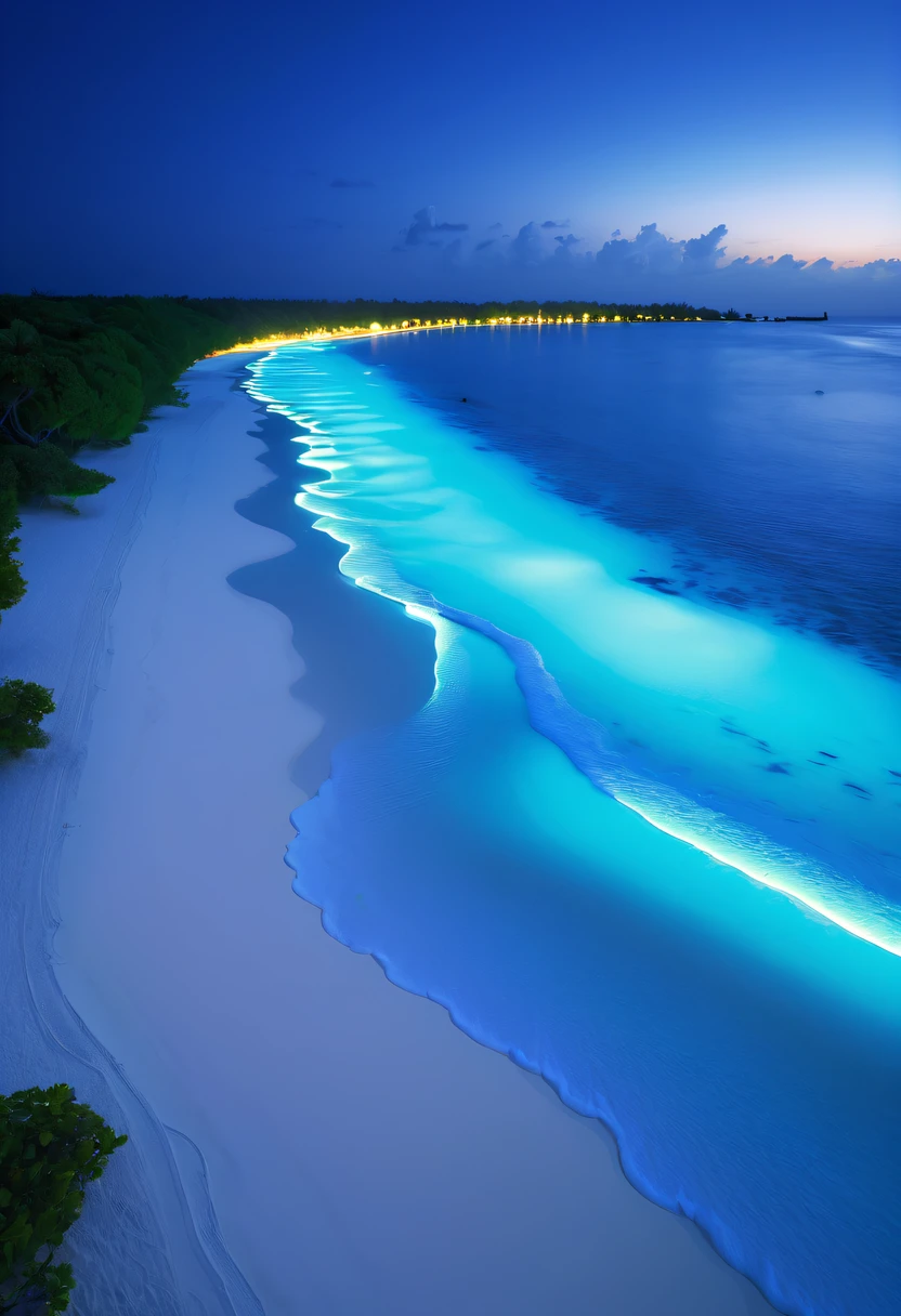 natta，There will be blue lights on the beach，surging in the waves、when the sea breeze blowluorescent beaches easily unfold magnificent sea views，Very mysterious and beautiful。glowing beach，Lights appear on the beach at night，Natural phenomena，Biofluorescence，Various microorganisms become light sources，Emits a steady shimmer，show light，Fluorescent beaches on Nduru Island, Maldives，