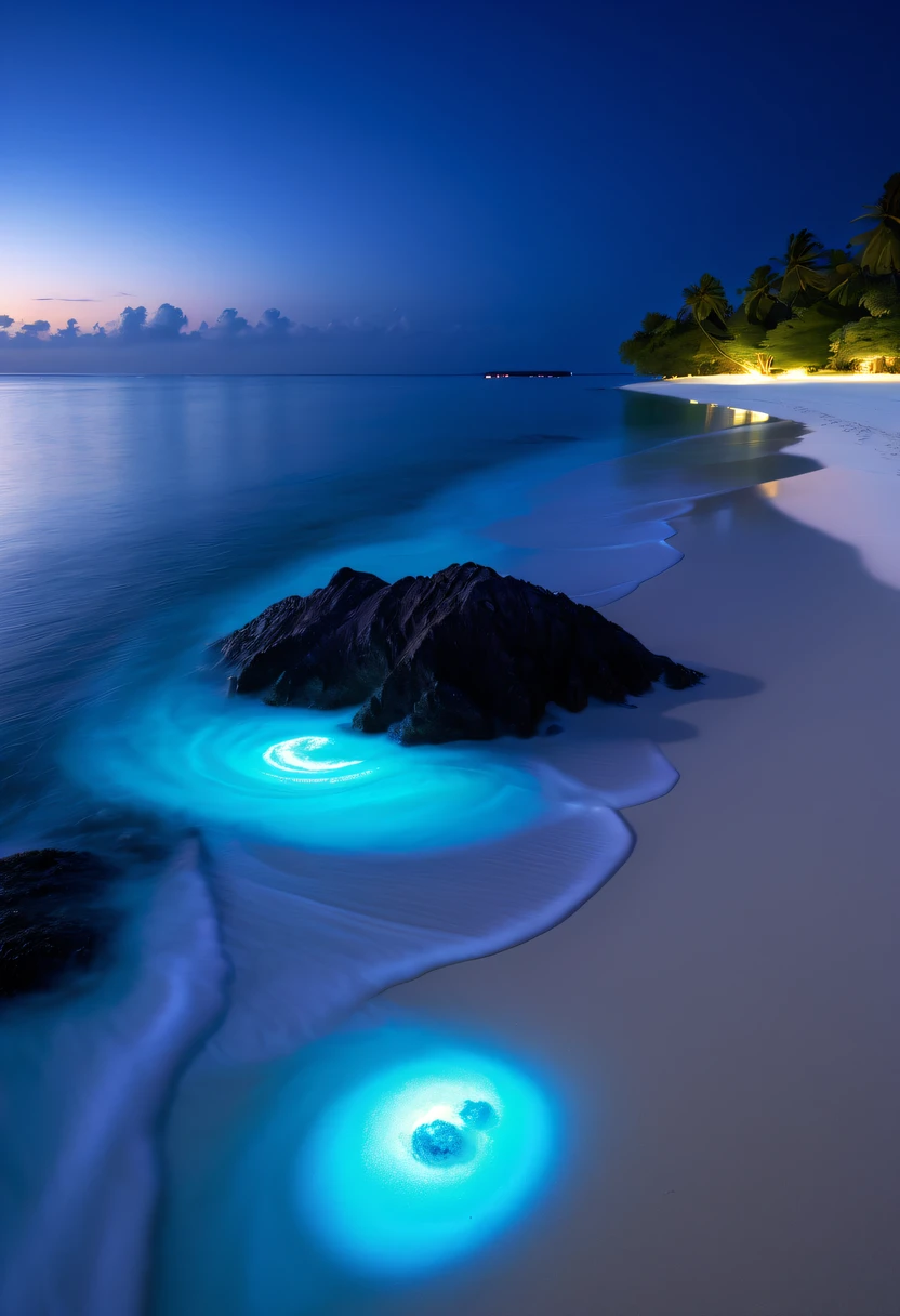 natta，There will be blue lights on the beach，surging in the waves、when the sea breeze blowluorescent beaches easily unfold magnificent sea views，Very mysterious and beautiful。glowing beach，Lights appear on the beach at night，Natural phenomena，Biofluorescence，Various microorganisms become light sources，Emits a steady shimmer，show light，Fluorescent beaches on Nduru Island, Maldives，