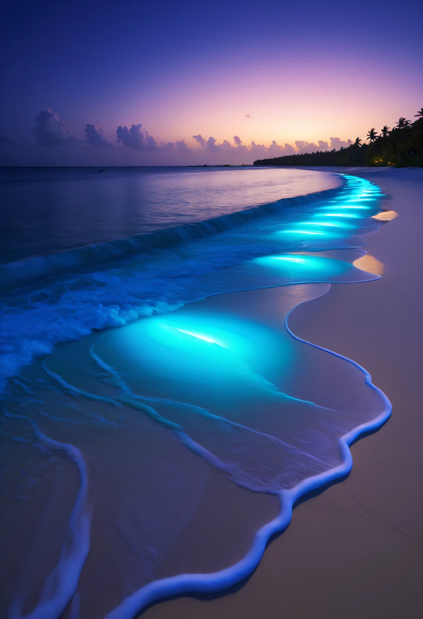 natta,There will be blue lights on the beach,surging in the waves、when the sea breeze blowluorescent beaches easily unfold magnificent sea views,Very mysterious and beautiful。glowing beach,Lights appear on the beach at night,Natural phenomena,Biofluorescence,Various microorganisms become light sources,Emits a steady shimmer,show light,Fluorescent beaches on Nduru Island, Maldives,