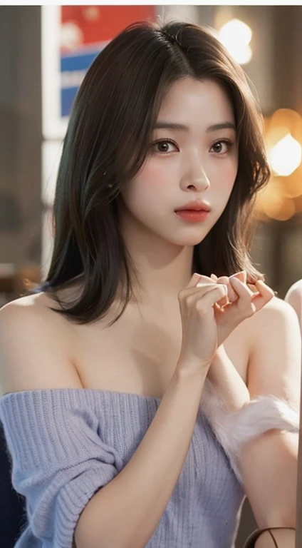 ((nighttime scene、Realistic light、Top image quality、8k、​masterpiece:1.3))、1girl in、Slim figure beauty:1.4、(Brown hair、middlebreast:1.3)、Off-shoulder cut top:1.3、sofas、Super detailed face、detailedeyes、二重まぶた、(((Upper body naked)))