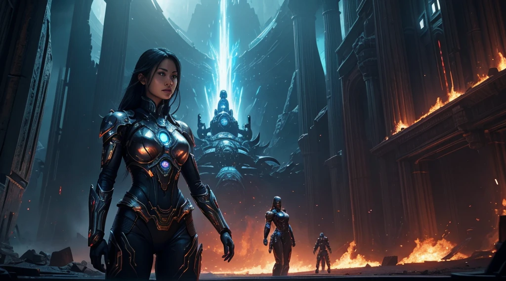 arafed image of a beautiful woman in a sci - fiction scene, android cinematic art, asian cyborg movie promotional image, shot on imax, muspelheim, protagonist in foreground, render, evil sorceress, ellora, imax