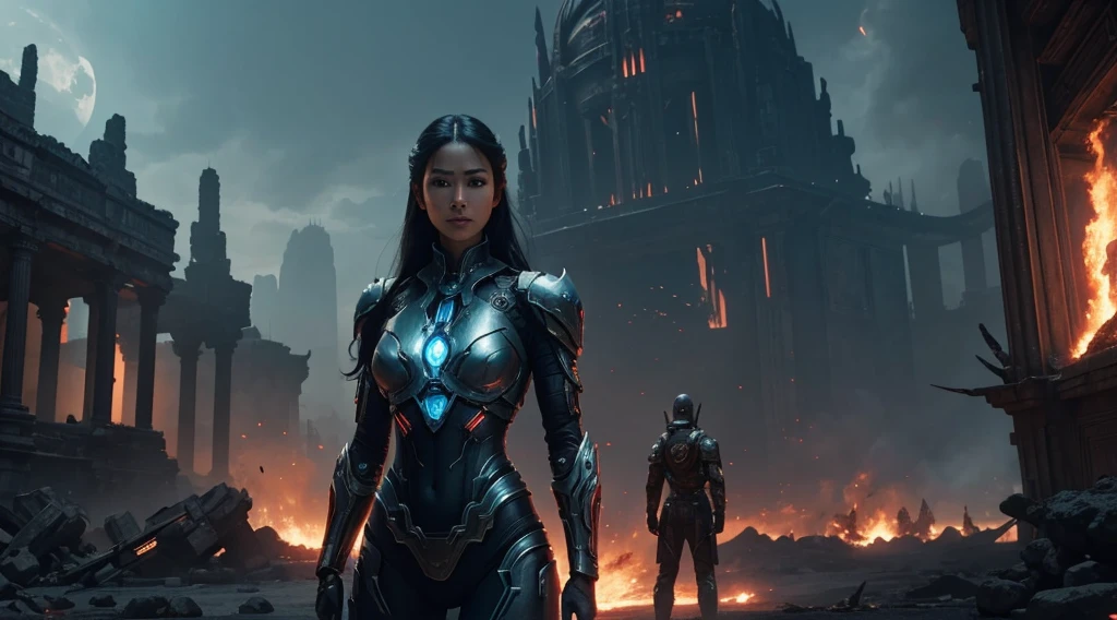 arafed image of a beautiful woman in a sci - fiction scene, android cinematic art, asian cyborg movie promotional image, shot on imax, muspelheim, protagonist in foreground, render, evil sorceress, ellora, imax