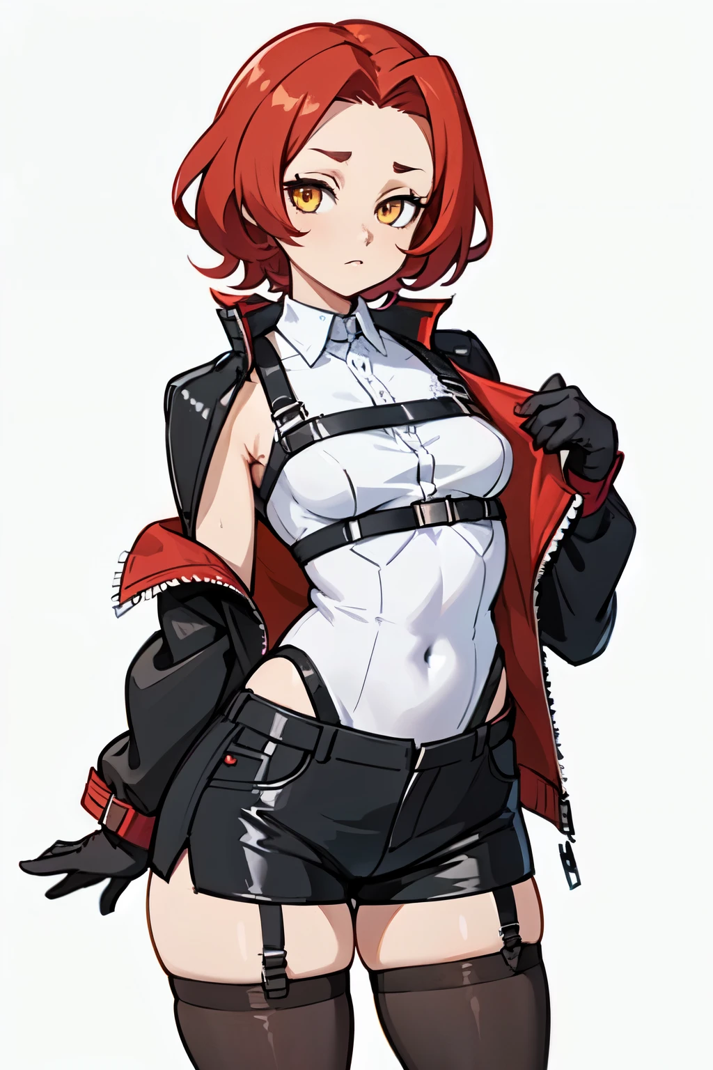 1girl, young woman, solo, short hair, Small hair, (forehead:1.2), yellow eyes, sharp ocular posture, (scarlet red hair), light brown skin tone, Athletic, medium muscular, medium breasts, (mini jacket, black cjacket, open jacket :1.2), white shirt, collared shirt, (chest harness, shoulder strap:1.15), black leather shorts, 7/8 pantyhose, garter belt, gloves, elegant, looking at viewer, standing, masterpiece, best quality, 4k