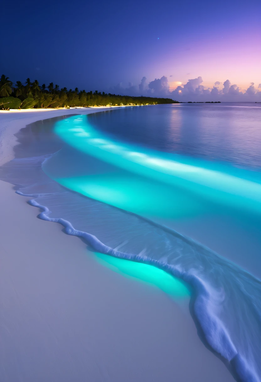 Fluorescent beaches on Nduru Island, Maldives，natta，There will be blue lights on the beach，surging in the waves、when the sea breeze blowluorescent beaches easily unfold magnificent sea views，Very mysterious and beautiful。glowing beach，Lights appear on the beach at night，Natural phenomena，Biofluorescence，Various microorganisms become light sources，Emits a steady shimmer，Show all kinds of light，