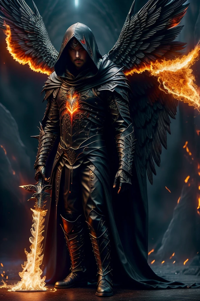 fallen bleeding faceless angel wearing a hood with a huge flaming sword and huge black wings kneeling standing on the abyss of death hell