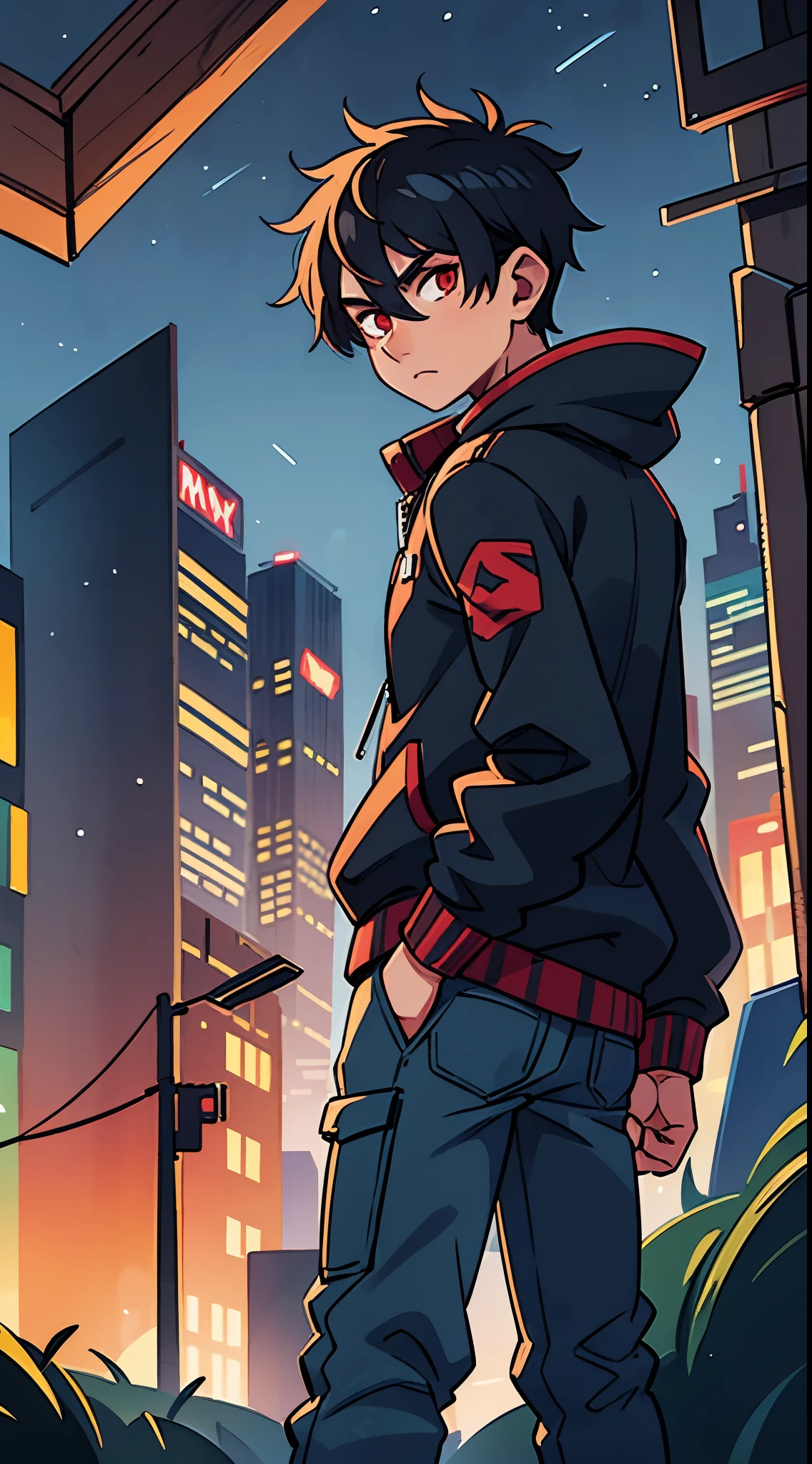 1 male black haired, cyber mask, one eye covered , black jacket, red eyes , looking back, night time, in cyberpunk city, hands in pockets