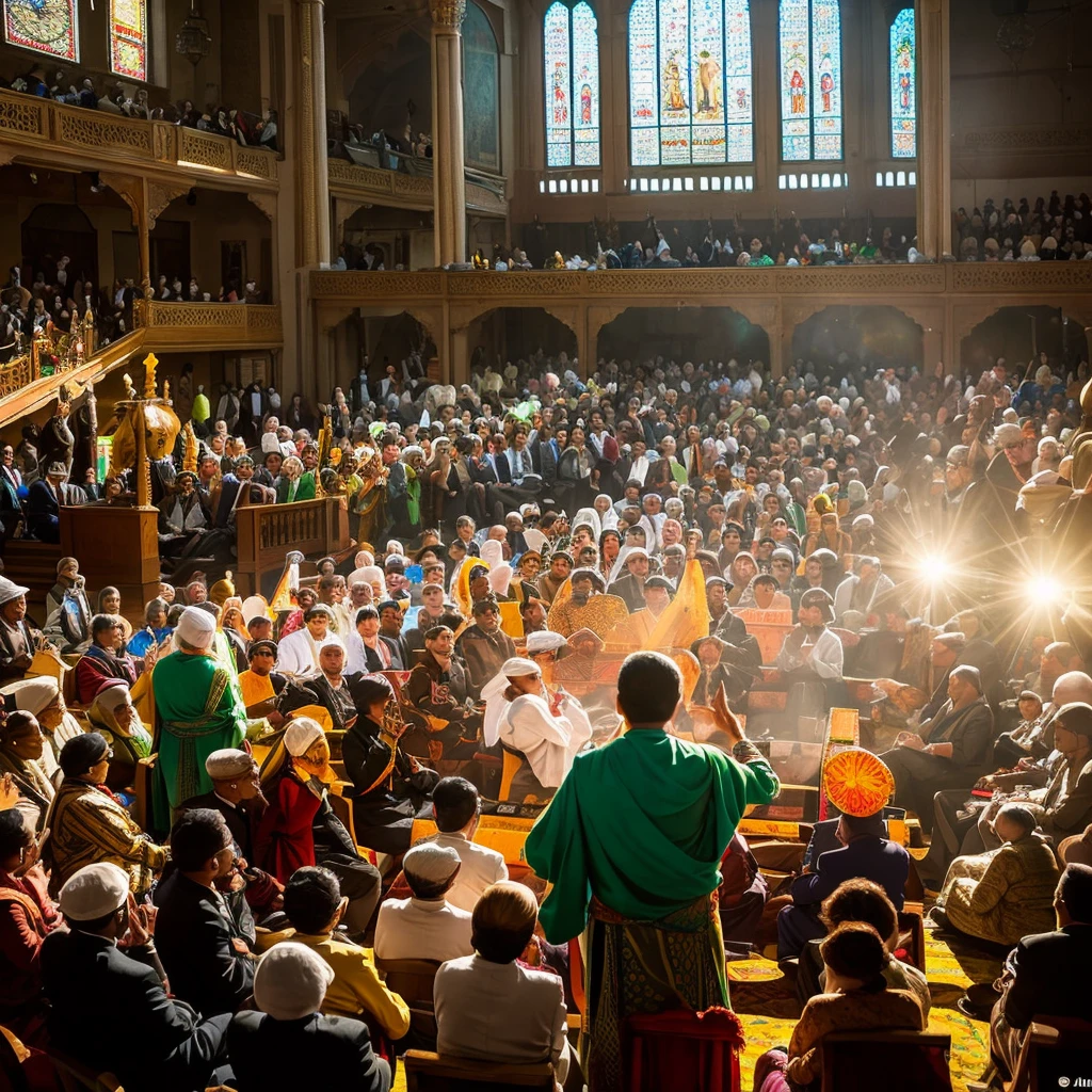 Bustling Assembly (Photorealistic with Painterly Flourishes)
Style: Photorealistic with subtle painterly flourishes, capturing the vibrant energy and diverse personalities of the assembly. Emphasize textures of clothing, dust motes in sunbeams, and intricate architectural details.
Composition:
• Top Left: Governor General sits prominently on a raised platform at the back, bathed in warm sunlight streaming through arched windows. His attentive expression and posture suggest command but avoid over-dominating the scene.
• Foreground: A kaleidoscope of colors and activity fills the assembly floor. Figures in diverse Shalwar Kameez and traditional attire debate animatedly, papers rustle, and dust motes dance in the sunbeams. Use depth of field to draw attention to key figures in conversation while maintaining a sense of the bustling crowd.
• Midground: Prominent members like politicians, religious leaders, and journalists engage in discussions at various points throughout the assembly. Capture snippets of conversations, differing expressions, and gestures that showcase the range of viewpoints.
• Background: Stained-glass windows below the platform glow with vibrant hues, reminiscent of Mughal motifs, hinting at the historical significance of the assembly.
Mood & Atmosphere:
• Capture the lively and energetic atmosphere of a political meeting. Use expressive body language, animated gestures, and contrasting emotions among the crowd. Consider including laughter, disagreement, and passionate arguments while maintaining a sense of order.
• Light and color: Emphasize the warm sunlight streaming through the windows, creating a sense of hope and optimism. Inject vibrant colors from the diverse attire, adding to the energy and vitality of the scene.
Additional Details:
• Pay close attention to historical accuracy in clothing, architecture, and props. Include period-appropriate furniture, lamps, and microphones.
• Consider incorporating subtle symbolism, like doves for peace or n