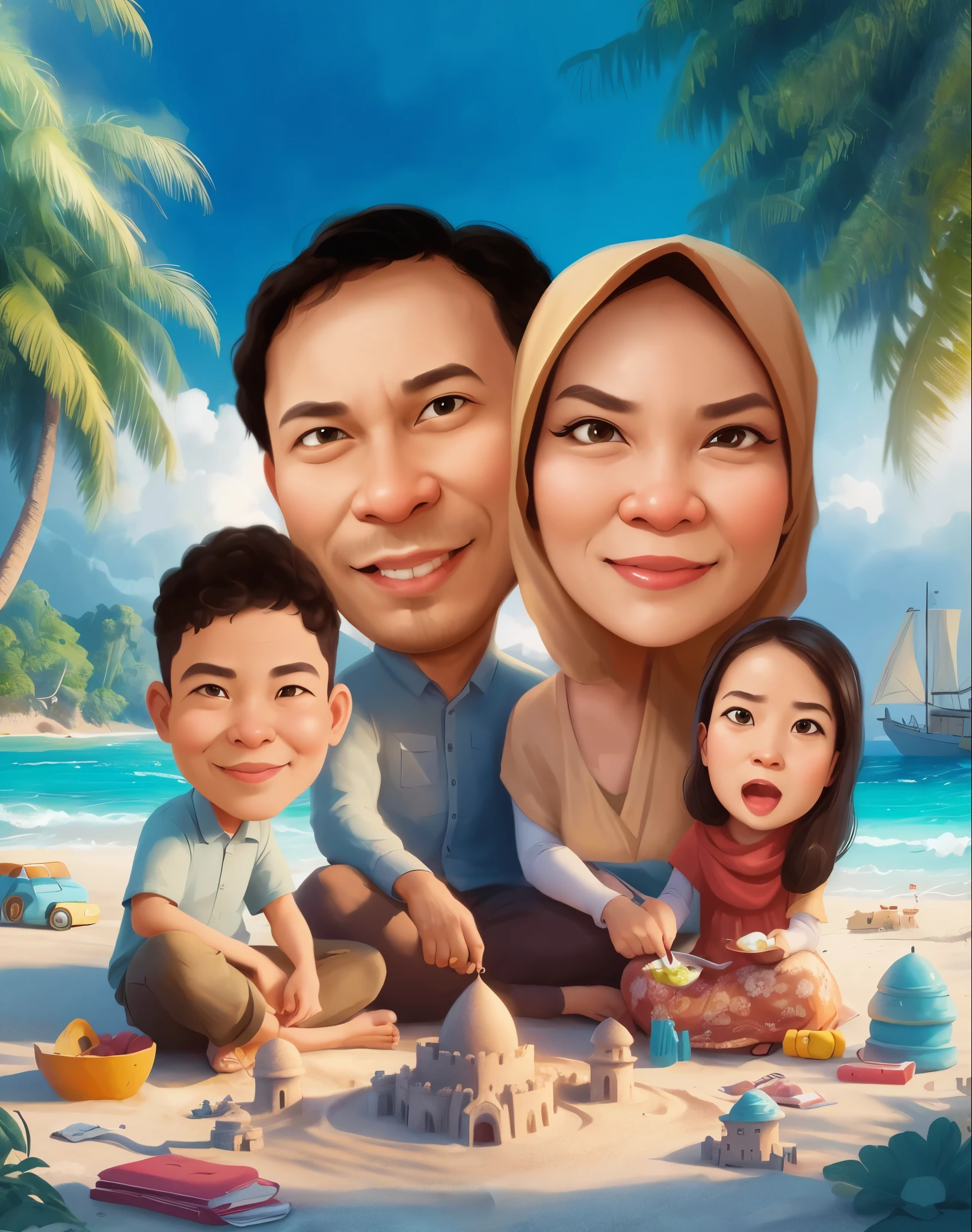 arafed family on the beach with sand castle and toys, caricature illustration, an indonesian family portrait, Mother wears the hijab, everyone laughs happily, cheerfully, cinematic lighting, digital art cartoon, cartoon portrait, cartoon digital painting, in cartoon style, cartoon digital art, cartoon artstyle, digital cartoon painting art, happy family, cartoon art, family portrait, potrait, realistic cartoon, caricature style, cartoon art style, cartoon style illustration