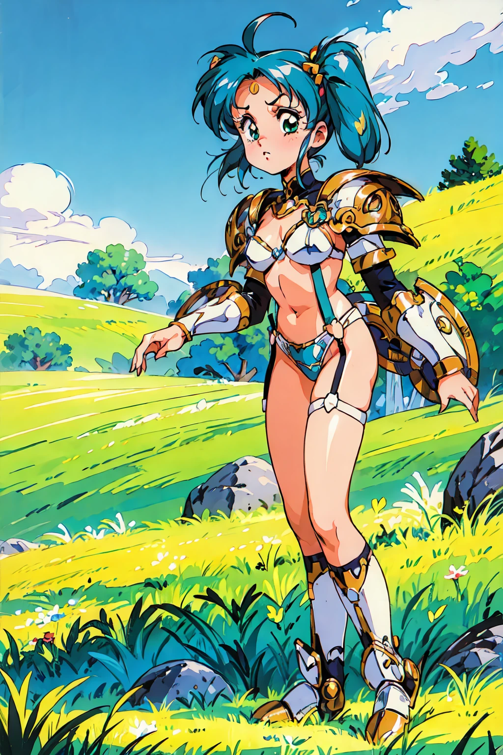 "(masterpiece:1.1), best quality,
1girl, (traditional media 80s:1.4), (eyelashes:1.5), (:1.2),
(intricate high detailed body:1.2),
(blue hair:1.1), (forehead, hair slicked back:1.2), (twintails:1.1), (hair ornament:1.1),
green eyes, (lip stick:1.2),
(gigantic breasts:1.1),
(shy:1.2), (blush:1.1),
(bikini armor, garter belt:1.2), (knight armor, armored boots:1.2),
(suspenders:1.1), (ahoge:1.2), bracelet,
standing, (dynamic pose, action pose:1.2),
(full body, looking at viewer:1.1),
(daytime, grassland, outdoors:1.1)"