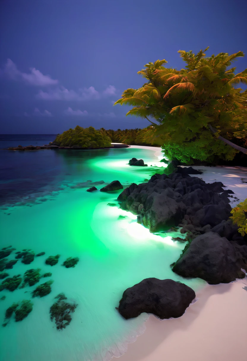 Fluorescent beaches on Nduru Island, Maldives,natta,There will be blue lights on the beach,Very mysterious and beautiful。glowing beach,Lights appear on the beach at night,Natural phenomena,Biofluorescence,Various microorganisms become light sources,Emits a steady shimmer,Show all kinds of light,From light green to bright green to fiery red,There are even dark purple and orange ones。surging in the waves、when the sea breeze blowluorescent beaches easily unfold magnificent sea views