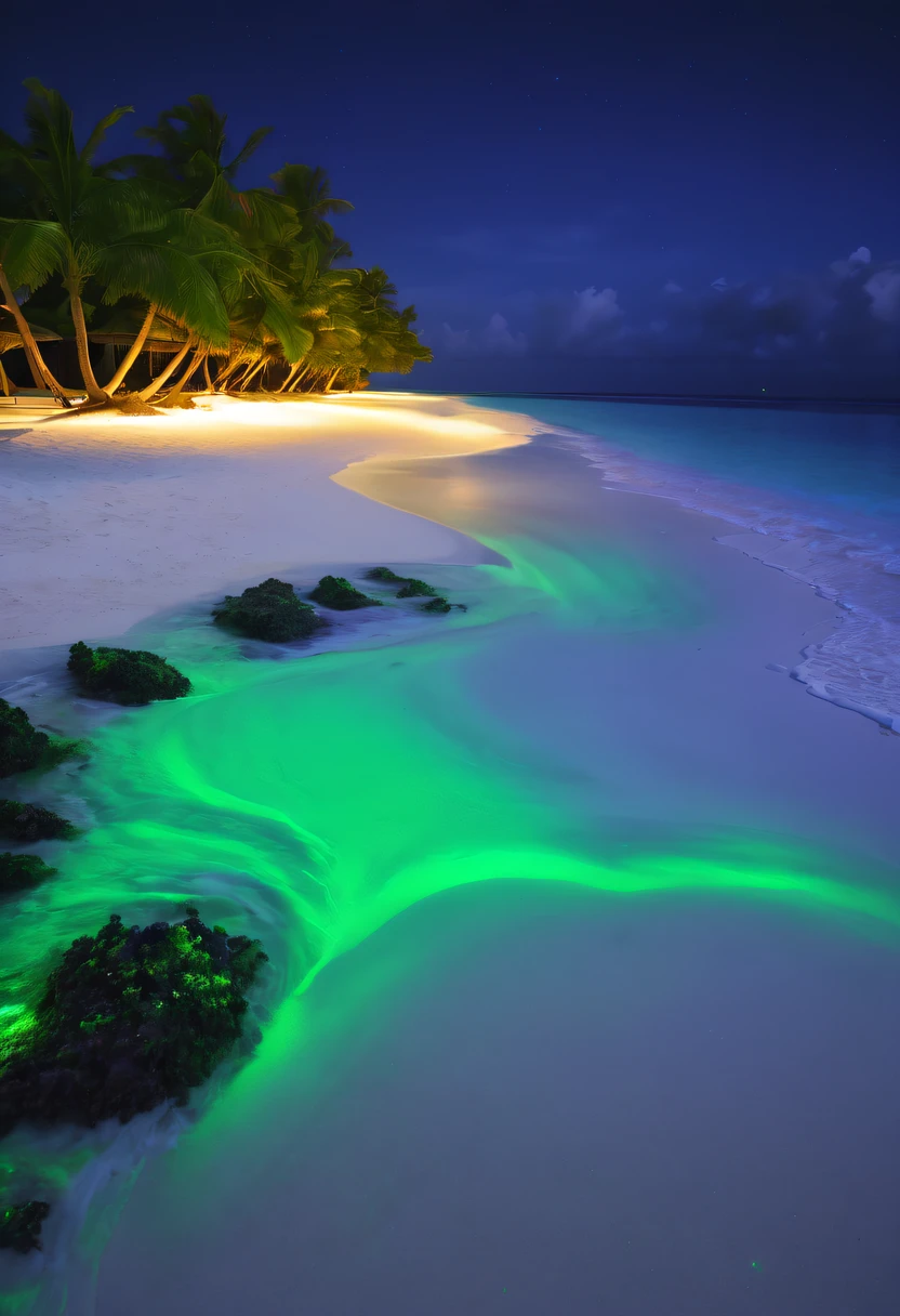 Fluorescent beaches on Nduru Island, Maldives,natta,There will be blue lights on the beach,Very mysterious and beautiful。glowing beach,Lights appear on the beach at night,Natural phenomena,Biofluorescence,Various microorganisms become light sources,Emits a steady shimmer,Show all kinds of light,From light green to bright green to fiery red,There are even dark purple and orange ones。surging in the waves、when the sea breeze blowluorescent beaches easily unfold magnificent sea views