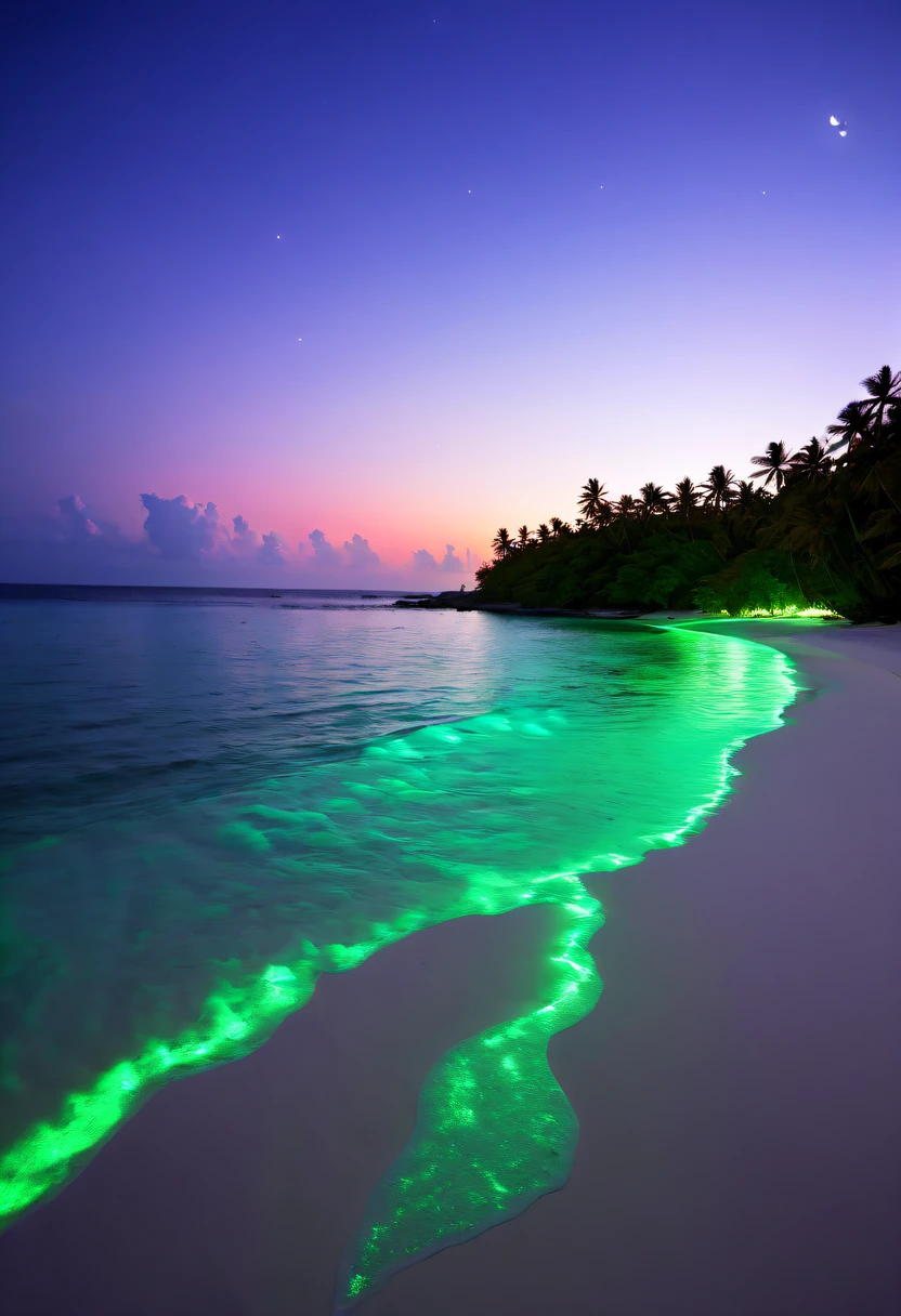 Fluorescent beaches on Nduru Island, Maldives,natta,There will be blue lights on the beach,Very mysterious and beautiful。glowing beach,Lights appear on the beach at night,Natural phenomena,Biofluorescence,Various microorganisms become light sources,Emits a steady shimmer,Show all kinds of light,From light green to bright green to fiery red,There are even dark purple and orange ones。surging in the waves、when the sea breeze blowluorescent beaches easily unfold magnificent sea views