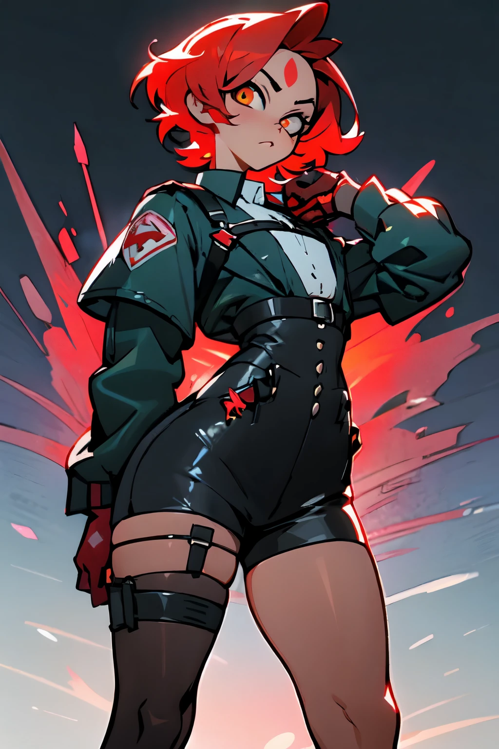 1girl, young woman, solo, short hair, Small hair, (forehead:1.2), yellow eyes, sharp ocular posture, (scarlet red hair), light brown skin tone, Athletic, medium muscular, medium breasts, (mini jacket, black cjacket, open :1.2), white shirt, collared shirt, (chest harness, shoulder strap:1.15), black leather shorts, 7/8 pantyhose, garter belt, gloves, elegant, looking at viewer, standing, masterpiece, best quality, 4k