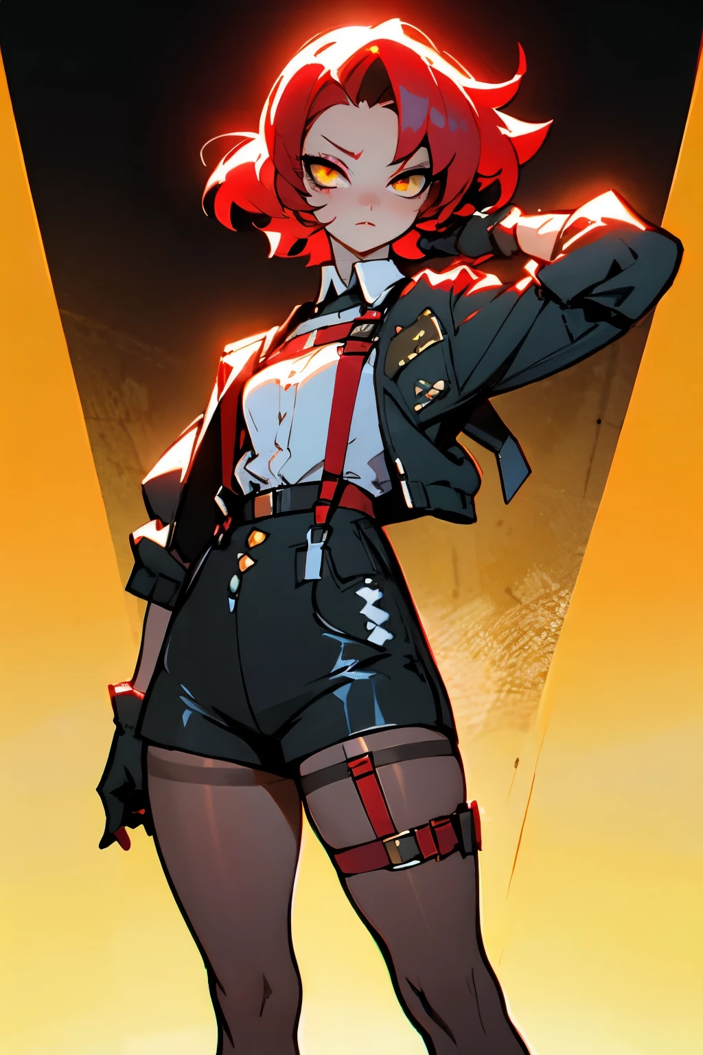 1girl, young woman, solo, short hair, Small  hair, (forehead:1.2), yellow eyes, sharp ocular posture, (scarlet red hair), light brown skin tone, Athletic, medium muscular, medium breasts, (mini jacket, black cjacket, open :1.2), white shirt, collared shirt, (chest harness, shoulder strap:1.15), black leather shorts, 7/8 pantyhose, garter belt, gloves, elegant, looking at viewer, standing, masterpiece, best quality, 4k