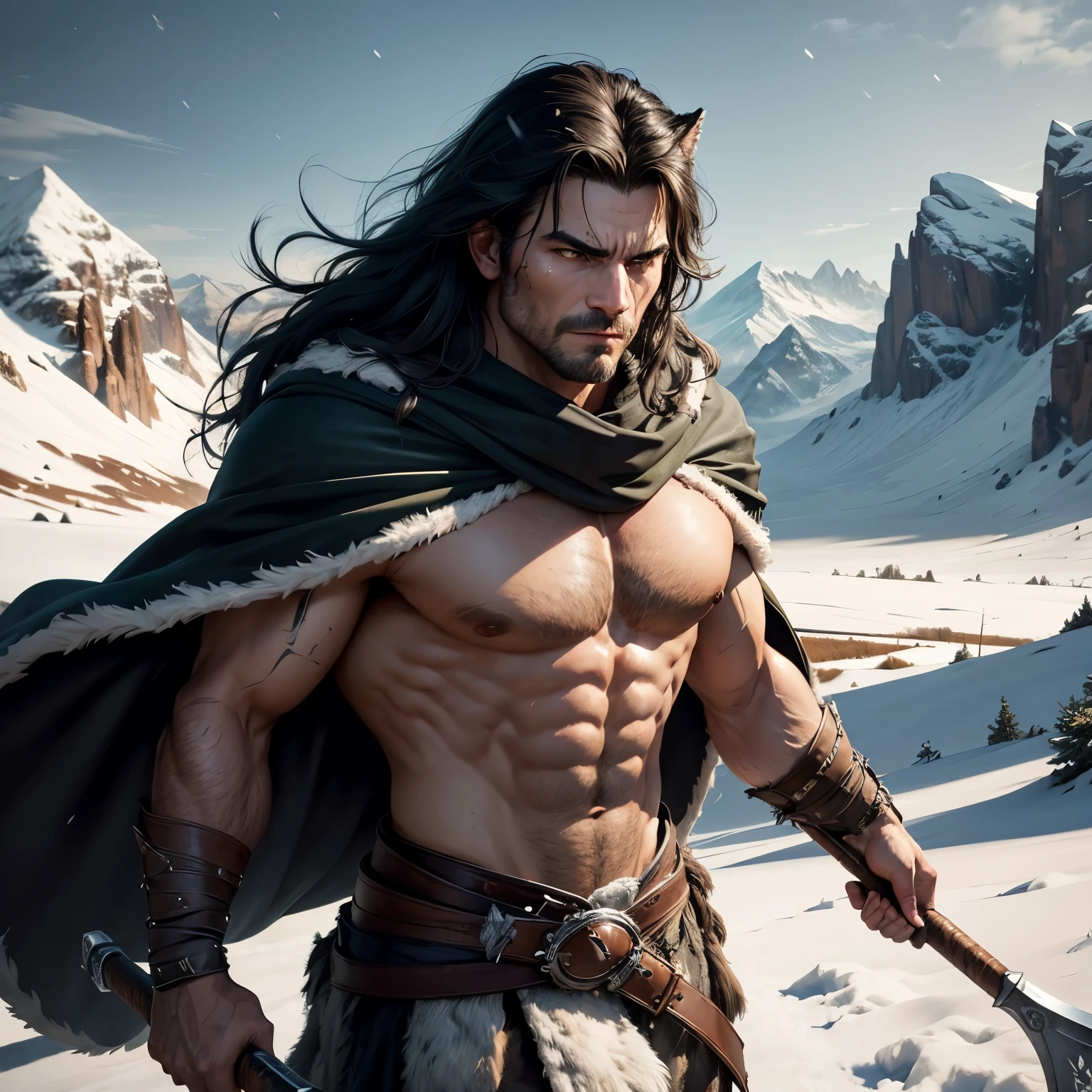 (highres, high quality:1.1), cinematic lighting, extremely detailed, 1man, mature man, solo focus, barbarian,
 
Serious, 

Holding a battle axe, 

Black hair, long hair, green eyes, no facial hair, shirtless, scar on face, wearing a wolf skin, wolf skin cape,

Snowy hills, mountains, in the snowy wilderness, snowing, wind blowing,