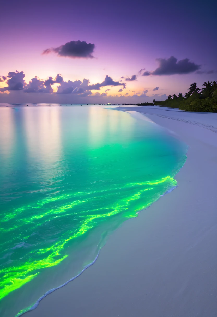 Fluorescent beaches on Nduru Island, Maldives,natta,There will be blue lights on the beach,Very mysterious and beautiful。glowing beach,Lights appear on the beach at night,Natural phenomena,Biofluorescence,Various microorganisms become light sources,Emits a steady shimmer,Show all kinds of light,From light green to bright green to fiery red,There are even dark purple and orange ones。surging in the waves、when the sea breeze blowluorescent beaches easily unfold magnificent sea views