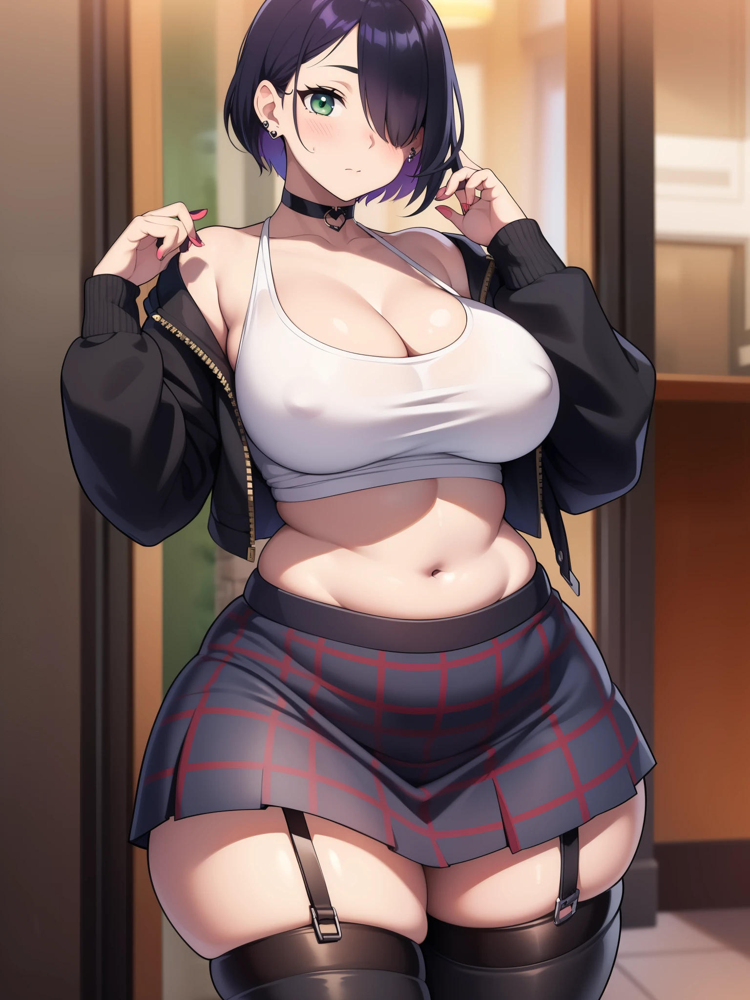 ((Masterpiece)), perfect anatomy, perfect shading, field of depth, (best quality), extremely delicate and beautiful, perfect lighting, detailed face, ultra cute face, cute, (cowboy shot 1.2), looking at viewer, full body, (((1girl))), (((solo))), goth girl
Short hair, black hair, (hair over one eye), pale skin, green eyes, eye liner, ear piercings, ((blush)), shy, nervous, (black crop top 1.5), (plaid short sectioned skirt 1.5), choker, thigh highs, (tight clothes), large breasts, cleavage, ((wide hips)), (((thick thighs))), (chubby), chubby belly, fat folds, belly hang,
cafe, intricate background, detailed background,