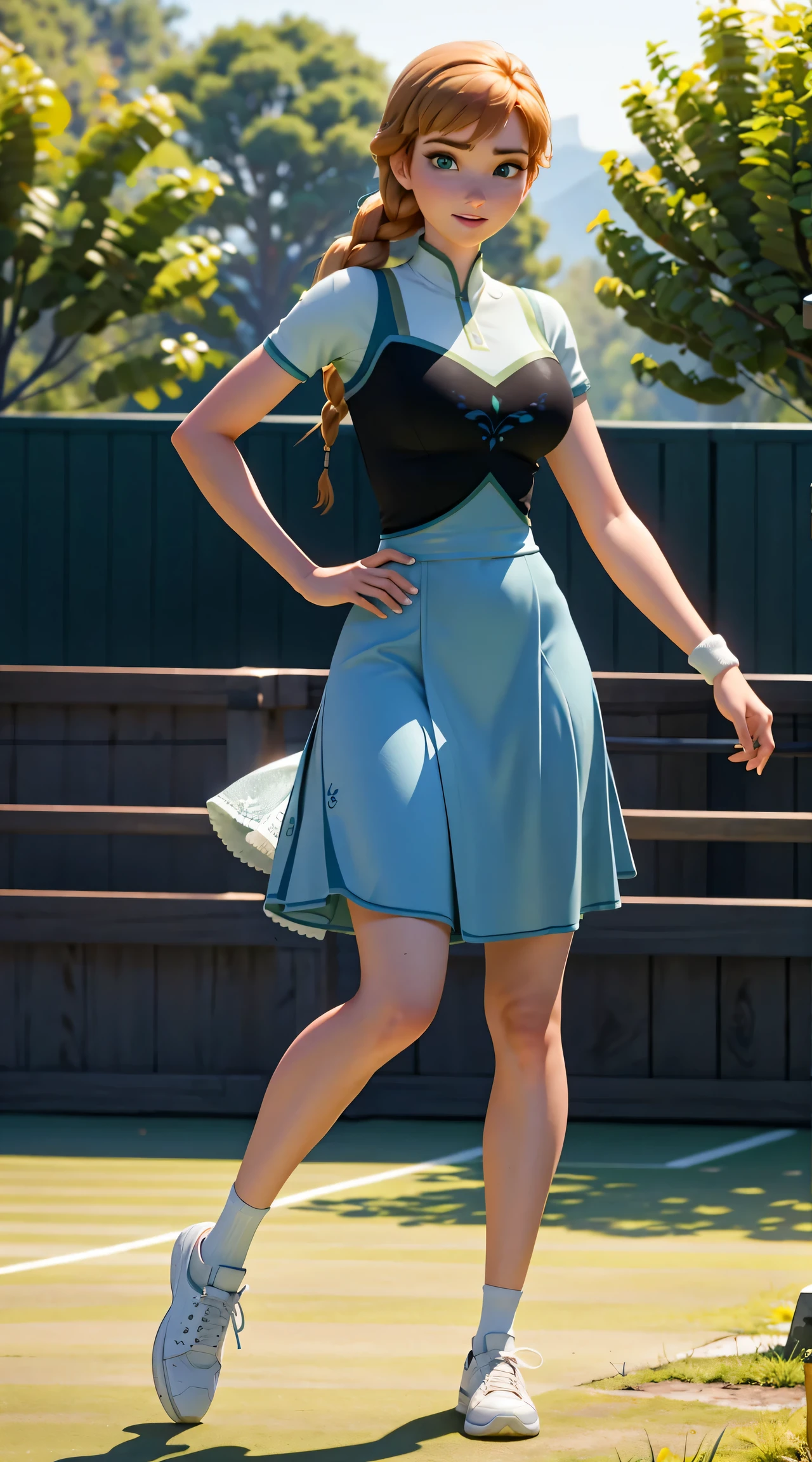 Photo of Anna of Arendelle as a tenis player, tenis court, tenis clothes, tenis outfit, action: playing tenis, Anna from Disney Frozen movie, tall and sexy, superb face, perfect body, provocative, Nice, show breasts, huge breasts, tall, sexy legs, bursting huge breasts, wide hips, busty, sexy, enormous breasts, happy.