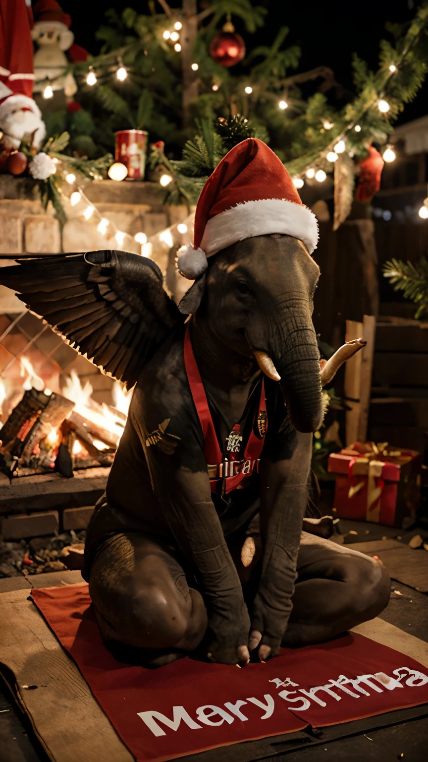 An elephant with wings wearing christmas hat and Arsenal fc Uniform,christmas night,sitting on a tree,grilling crane bird meat that have been shaved,big bonfire