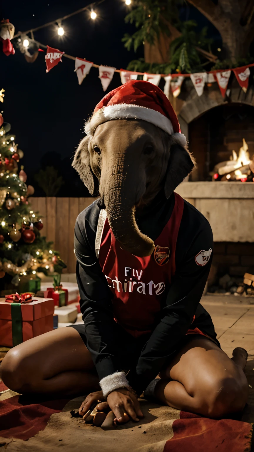 An elephant with wings wearing christmas hat and Arsenal fc Uniform,christmas night,sitting on a tree,grilling crane bird meat that have been shaved,big bonfire