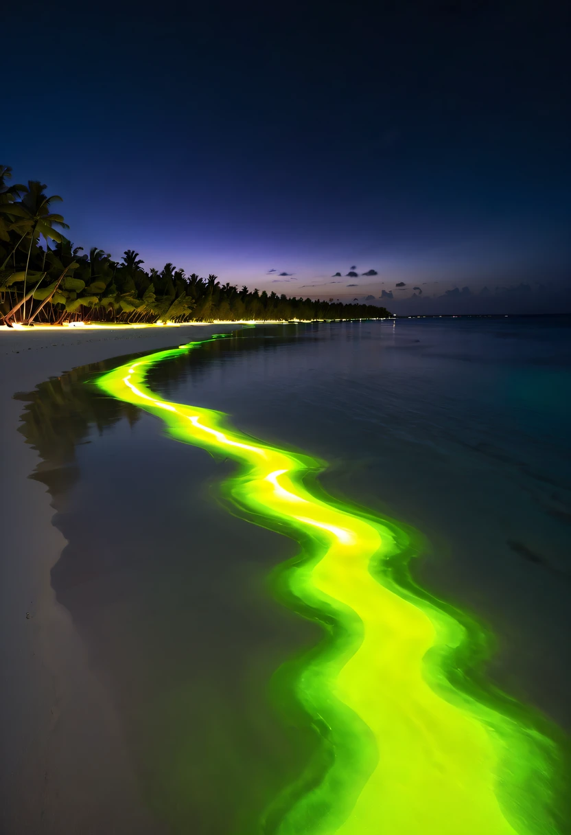 Fluorescent beaches on Nduru Island, Maldives,natta,There will be blue lights on the beach,Very mysterious and beautiful。glowing beach,Lights appear on the beach at night,Natural phenomena,Biofluorescence,Various microorganisms become light sources,Emits a steady shimmer,Show all kinds of light,From light green to bright green to fiery red,There are even dark purple and orange ones。surging in the waves、when the sea breeze blowluorescent beaches easily unfold magnificent sea views
