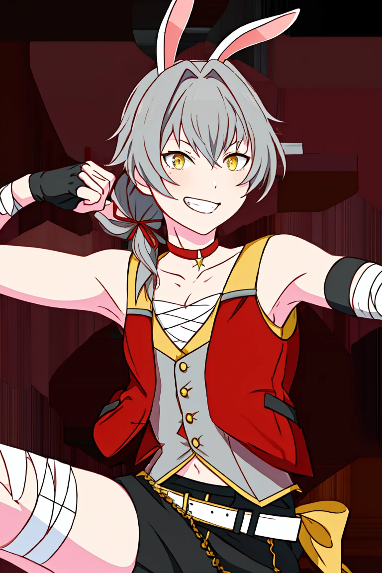 kizaki ren\(side-m\), solo, looking at viewer, long hair, looking at viewer, bangs, ribbon, hair ribbon, yellow eyes, low ponytail, grey hair, female focus, gloves, open vest, red vest, teeth, fingerless gloves, grin, bandages, sarashi, chest sarashi, sleeveless, pants, sarashi  pectorals, championship belt, choker, bare shoulders,1girl, flat chest, blush, bare legs, bunny ears, bunny tail,