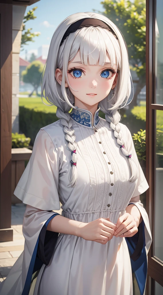 ((thawb)), braid, ((short bangs:1.4)), (white hair), (best quality:1.3), (highres1.3), (clear1.3), (8k:1.3), masterpiece, (detailed:1.1), 1girl, beautiful detailed eyes, beautiful detailed lips, extremely detailed eyes and face, long eyelashes,, blue eyes, shy smile, perfect proportion, face close up,