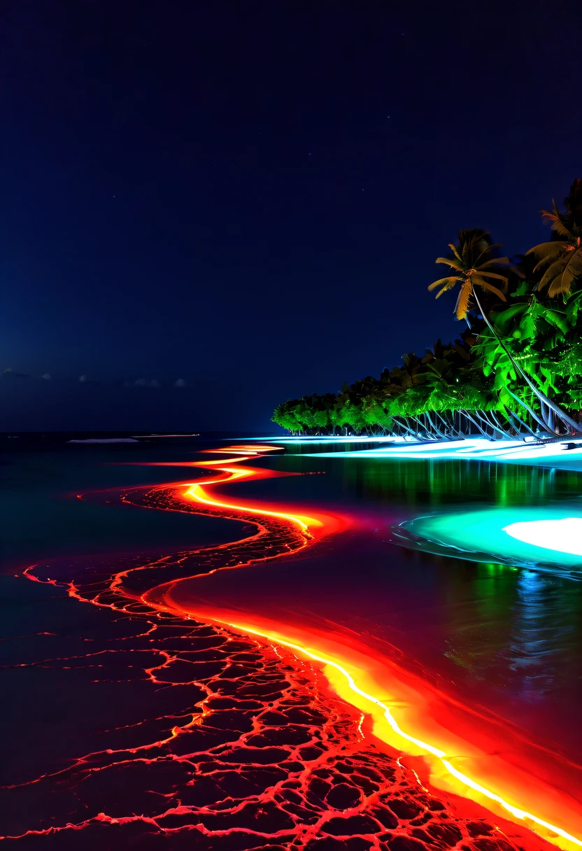 Fluorescent beaches on Nduru Island, Maldives,natta,There will be blue lights on the beach,Very mysterious and beautiful。glowing beach,Lights appear on the beach at night,Natural phenomena,Biofluorescence,Various microorganisms become light sources,Emits a steady shimmer,Show all kinds of light,From light green to bright green to fiery red,There are even dark purple and orange ones。surging in the waves、when the sea breeze blowluorescent beaches easily unfold magnificent sea views