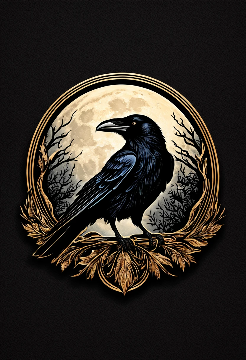 In the dimly lit ambiance of an old tavern, a captivating logo design seamlessly blends the mystique of witchcraft, the allure of a black crow, and the enigmatic allure of the moon. Crafted with intricate detail, the logo portrays a charismatic crow in a style reminiscent of ancient artistry, its feathers etched into rich black leather. Against a backdrop of moonlit shadows, the design exudes a magical aura, tantalizing the viewer's imagination. This immaculate creation, whether a digital artwork or a masterfully executed painting, showcases remarkable craftsmanship and undeniable quality.