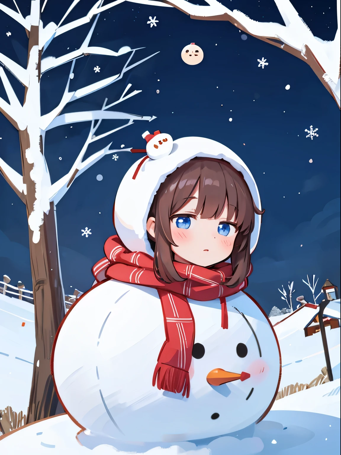 beautiful snowman girl、A girl's head is sticking out from the snowman's face.