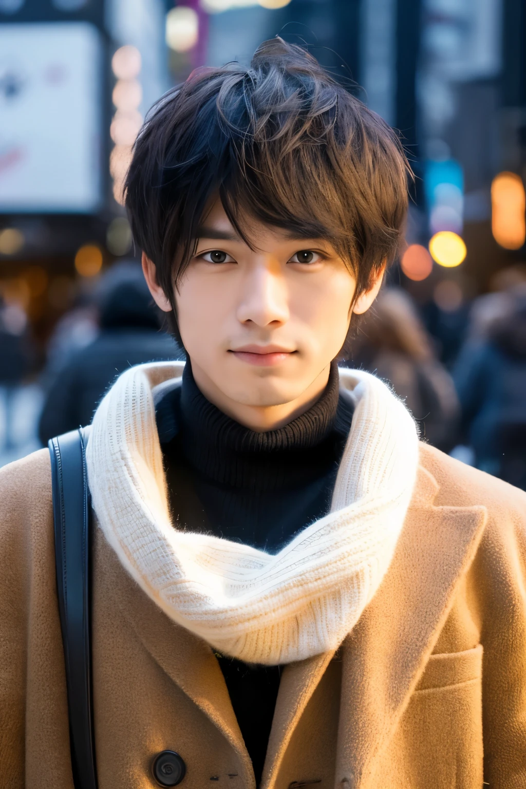 Photorealsitic, 8K full body portrait, a handsome, a 25-year-old man, A charming expression, detailed face details, TOKYOcty, Winters, Shibuya in the background