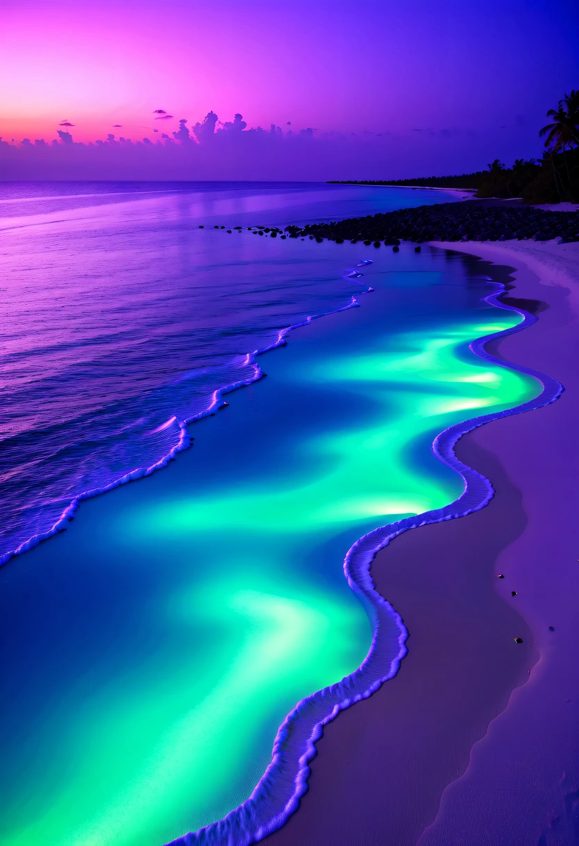 Fluorescent beaches on Nduru Island, Maldives,natta,There will be blue lights on the beach,Very mysterious and beautiful。glowing beach,Lights appear on the beach at night,Natural phenomena,Biofluorescence,Various microorganisms become light sources,Emits a steady shimmer,Show all kinds of light,From light green to bright green to fiery red,There are even dark purple and orange ones。surging in the waves、when the sea breeze blowluorescent beaches easily unfold magnificent sea views