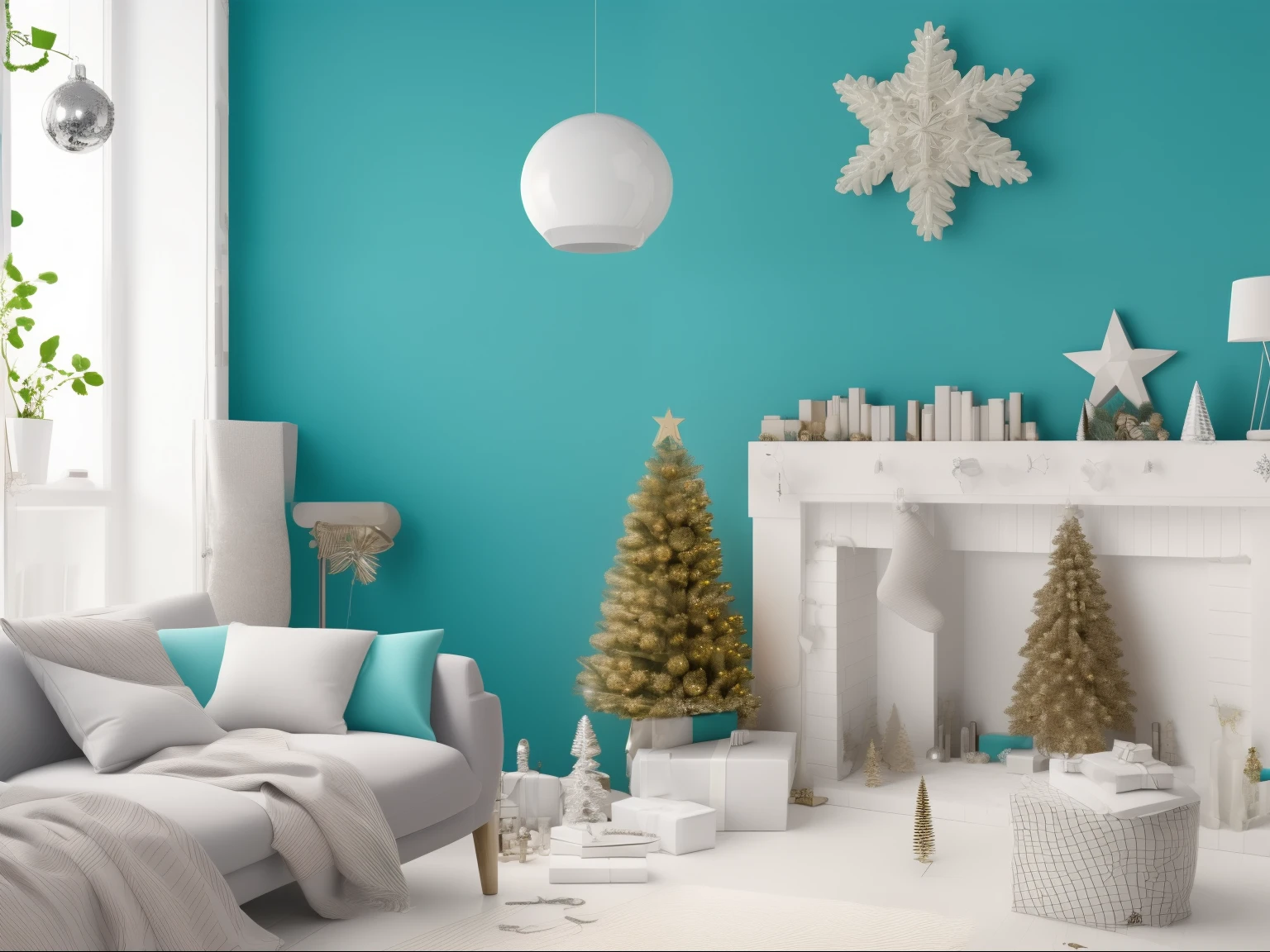 (best quality, highres),christmas tree,modern decoration,turquoise blue walls,holiday decorations,foto realista,gran calidad,definicion en los objetos