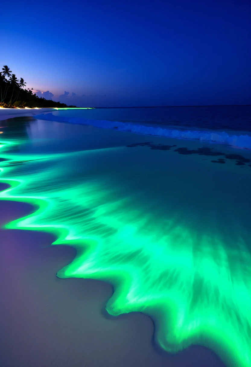 Fluorescent beaches on Nduru Island, Maldives,natta,There will be blue lights on the beach,Very mysterious and beautiful。glowing beach,Lights appear on the beach at night,Natural phenomena,Biofluorescence,Various microorganisms become light sources,Emits a steady shimmer,Show all kinds of light,From light green to bright green to fiery red,There are even dark purple and orange ones。surging in the waves、when the sea breeze blowluorescent beaches easily unfold magnificent sea views