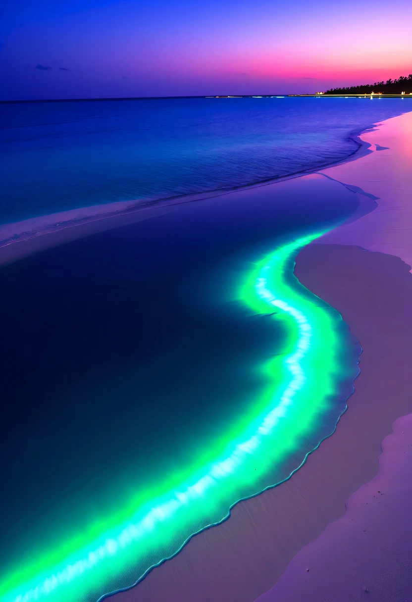 Fluorescent beaches on Nduru Island, Maldives,natta,There will be blue lights on the beach,Very mysterious and beautiful。glowing beach,Lights appear on the beach at night,Natural phenomena,Biofluorescence,Various microorganisms become light sources,Emits a steady shimmer,Show all kinds of light,From light green to bright green to fiery red,There are even dark purple and orange ones。surging in the waves、when the sea breeze blowluorescent beaches easily unfold magnificent sea views