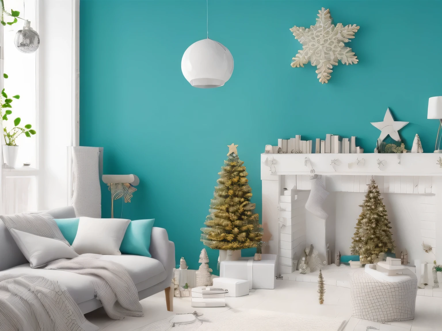 (La mejor calidad, Altas Resoluciones),christmas tree,decoracion moderna,paredes azul turquesa,Christmas decorations,foto realista,gran calidad,definition in objects