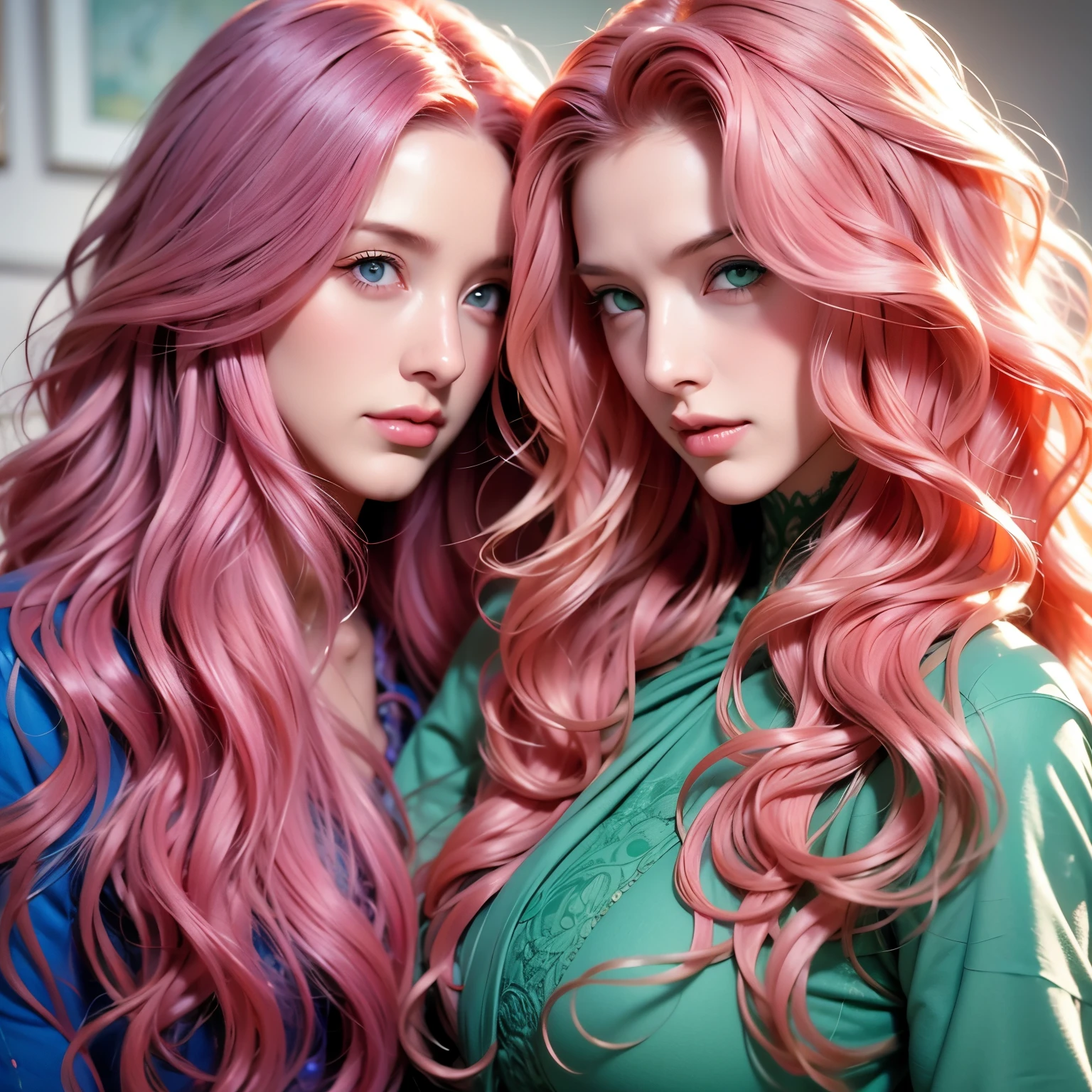 Two women, one woman with long, wavy hair, pink hair, blue eyes and another woman, with red hair, green eyes, long, wavy hair