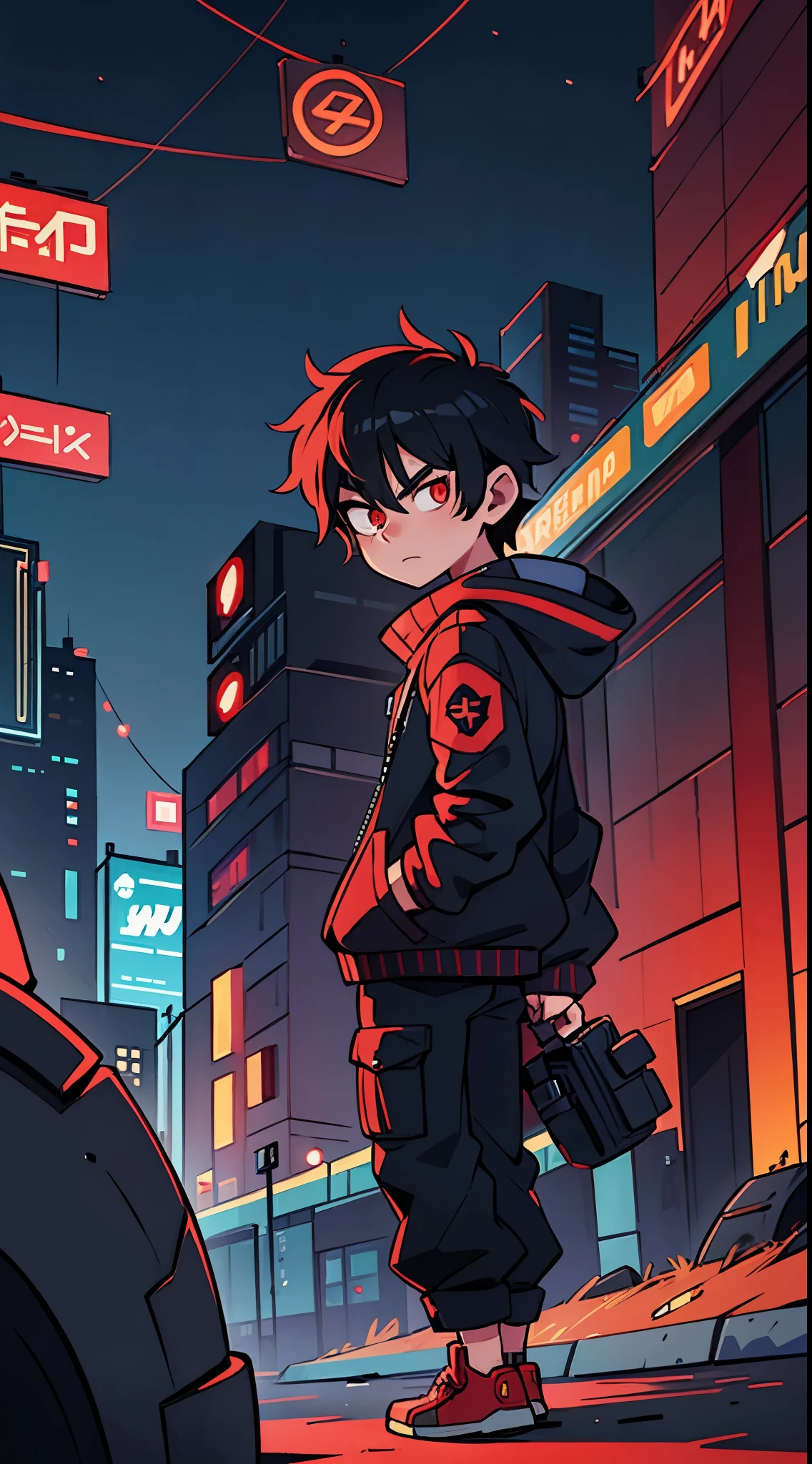 1 male black haired, cyber mask, one eye covered , black jacket, red eyes , looking back, night time, in cyberpunk city, hands in pockets