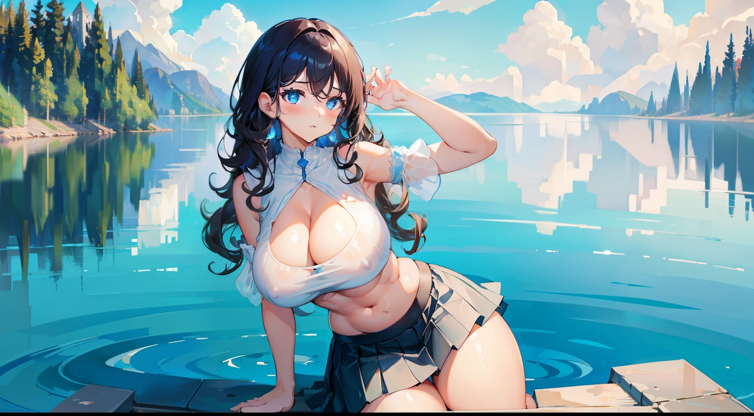 (masterpiece), best quality, expressive eyes, perfect face, ultra detailed, full body, lake background, blue eyes, dark hair, thicc thighs, very low-cut skirt, cleavage, stretch marks, large boobs, very tight strapless very short top, long curly hair, completely exposed belly