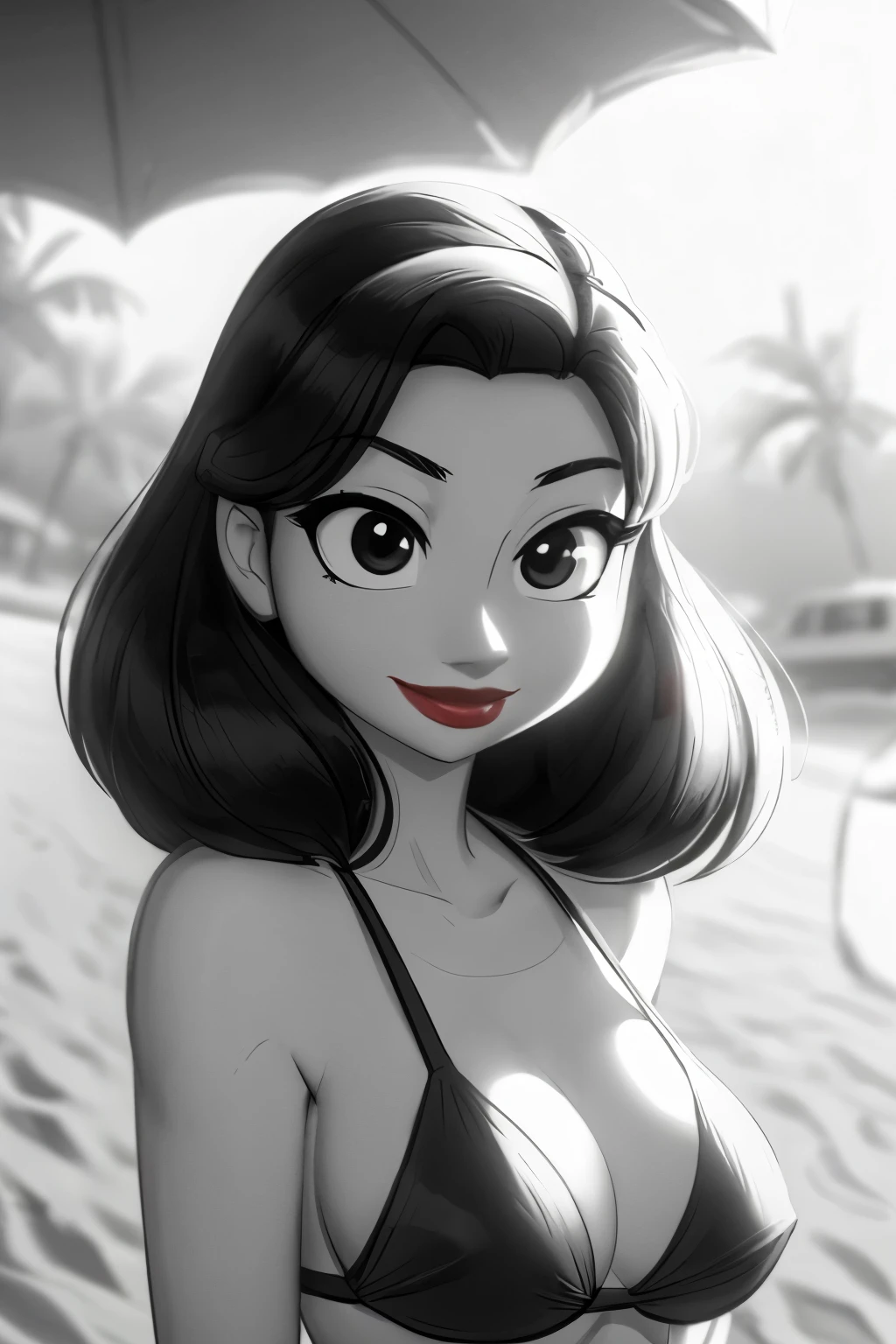 ((ultra quality)), ((tmasterpiece)), Meg, Paperman, (Black & White Style), (black and white cinema), ((Black, hairlong)), (Beautiful cute face), (beautiful female lips), Charming, ((sexy facial expression)), looking at the camera smiling softly, eyes slightly open, (Skin color: white), Body glare, ((detailed beautiful female eyes)), ((Black глаза глаза)), (juicy female lips), (red lipstick on the lips), (beautiful female hands), ((perfect female figure)), perfect female body, Beautiful waist, Gorgeous hips, Beautiful medium breasts, ((Subtle and beautiful)), stands seductively on the sand (), (sexy bikini) background: beach 50-60&#39;s, seaside, ((Depth of field)), ((high quality clear image)), (crisp details), ((higly detailed)), Realistic, Professional Photo Session, ((Clear Focus)), the anime