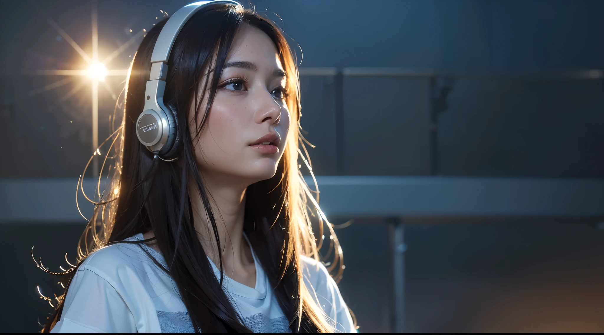dressed, (photo realistic:1.4), (hyper realistic:1.4), (realistic:1.3), (smoother lighting:1.05), (increase cinematic lighting quality:0.9), 32K, one 20yo girl, realistic lighting, backlighting, light on face, ray trace, (brightening light:1.2), (Increase quality:1.4), (best quality real texture skin:1.4), finely detailed eyes, finely detailed face, finely quality eyes, (tired and sleepy and satisfied:0.0), face closeup, t-shirts with headphones, (Increase body line mood:1.1), (Increase skin texture beauty:1.1)