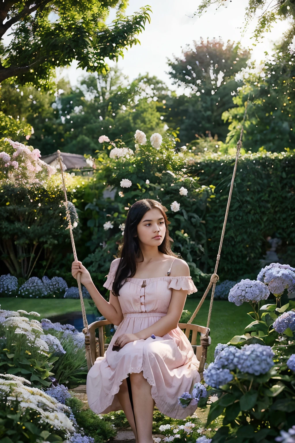 Photorealistic 16 year old girl wearing a long pink gown sitting on a swing in the garden, brown eyes , black hair, victorian house, detailed face, beautiful face, lychee tree in garden, evening time, fountain of water in garden, daisies blooming in garden, blue hydrangeas blooming in garden