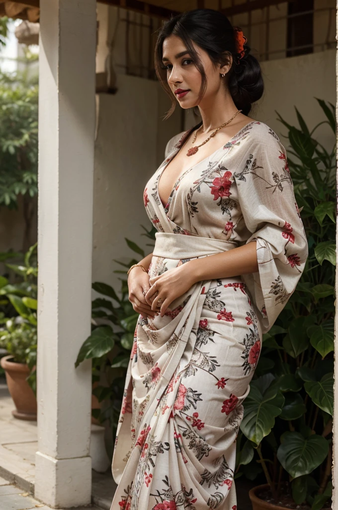 18 yearold girl(best quality,4k,8k,highres,masterpiece:1.2),ultra-detailed,(realistic,photorealistic,photo-realistic:1.37),portrait,girl,wearing saree maxi,small chain on neck,black hair,hair band in ponytail,vivid colors,soft lighting,lush garden background,subtle bokeh,warm color tones,rich girl,red lipstick,earing,wearing same dress,wearing saree,traditional ,hiding belly fat,beutifull print,not asspose skin,long full sleeve long dress,hide the skin with dress shy,blouse touches the hiding belly fat skirt,net fabric shawl,wearing a small bangle on hand,round neck design dress